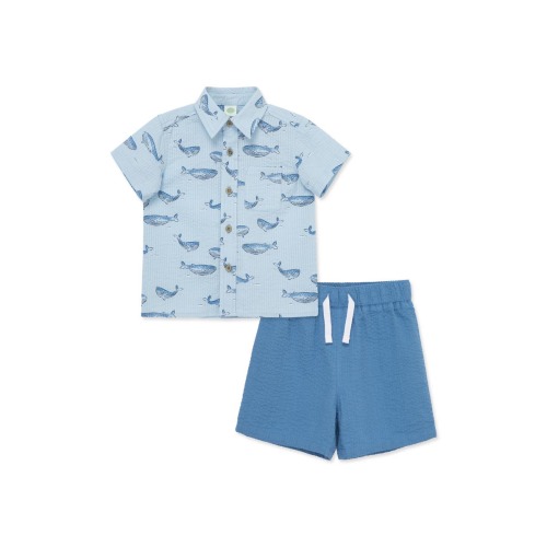 Whale Woven Cotton Button-Up Shirt & Shorts Set, 12M
