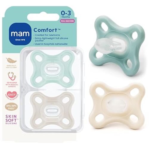 MAM Comfort Baby Pacifier 0-3 Mths Lightweight One-Piece Silicone 2 Pack