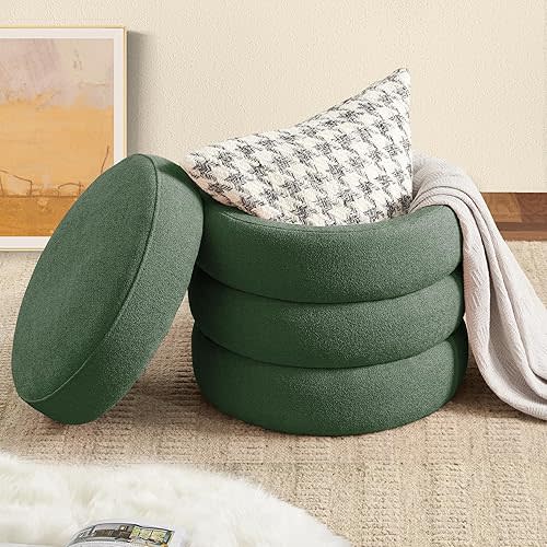 Round Ottoman with Storage for Living Room Small Boucle Foot Stool Modern Upholstered Vanity Stool Ottoman Foot Rest for Dorm Corner Home Decor, Set of 1 (Green)