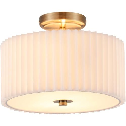 VONLUCE Semi Flush Mount Ceiling Light, 12.2'' Ceiling Light Fixture with Pleated Shade, 2-Light Modern Drum Light Fixture for Bedroom Living Room Entryway Hallway, White Shade & Bronze Finish