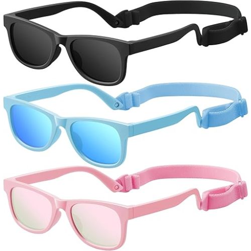 Baby Infant & Toddler Polarized Sunglasses with Strap, UV400 Protection for Boys & Girls 0-24 Months, 3 Pack