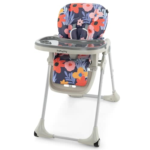 BABY JOY Convertible High Chair for Babies & Toddlers, Height Adjustable, Grow & Go High Chair w/Recline & Footrest, Removable Double Tray, Portable Baby Dinning Chair with Wheels (Flower Purple)