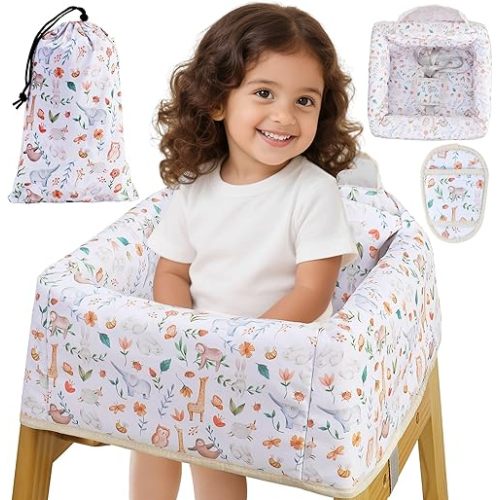 Lunobubo High Chair Cover Portable with 3-Point Harness, Waterproof Baby Seat Cover for Restaurant Travel Home Use, Machine Washable, Fits Wooden Chairs (Yellow Animal)