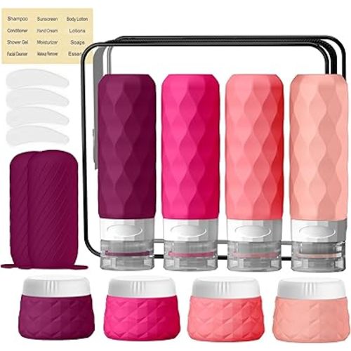 16Pack Travel Bottles for Toiletries, TSA Approved Travel Size Toiletries Containers Set, Silicone Leak Proof Refillable Bottles Elastic Sleeves Creams Jars Accessories Kit W/Clear Bag (Purplish Red)