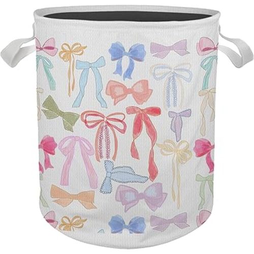 Coquette Colorful Bow Laundry Basket, Toybox for Girls Room, Girly Pink Toy Storage Bin Laundry Hamper Waterproof Collapsible Clothes Organizer for Bedroom Bathroom Girls Room Nursery Dorm