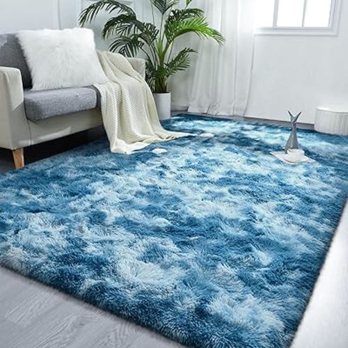FlyDOIT 6x9 Feet Large Area Rugs for Living Room, Tie-Dyed Dark Blue Shaggy Rug Fluffy Throw Carpets, Ultra Soft Plush Modern Indoor Fuzzy Rugs for Bedroom Girls Kids Nursery Room Dorm Home Decor