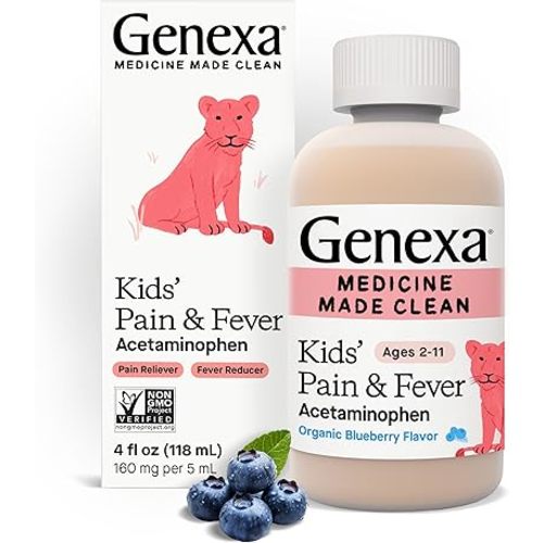 Genexa Kids' Acetaminophen Pain & Fever Oral Suspension Medicine - 4oz - For Children 2 - 11 Years Old, Temporarily relieves pain and fever symptoms, 160 mg per 5 mL- Organic Blueberry Flavor