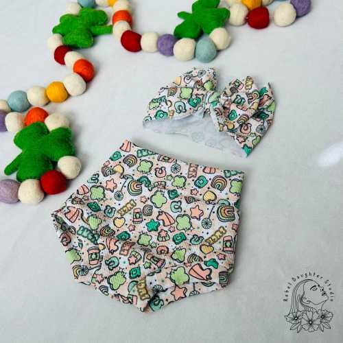 St. Patricks Day Lucky Baby Bummies & Bow Head Wrap | Charms, Rainbows, Hearts, Horseshoes, Coffees, Lollipops, Shamrocks, Stars | Checkers