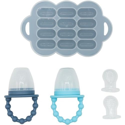 WeeSprout Silicone Baby Food Feeders + Freezer Tray for Batch Prep, Set of 2, Introduce New Foods Safely, Double as Teething Toys, Includes 2 Extra Pouches & Travel Lids, Dishwasher Safe