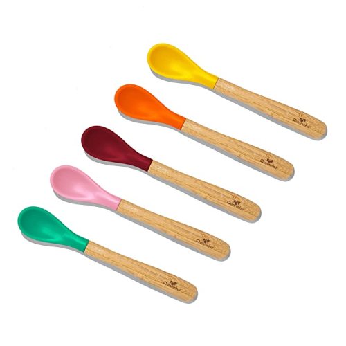 Avanchy Infant Baby Spoons Bamboo and Silicone Set, Self Feeding Food Utensils, 4 Months Baby Led Weaning, 5 Pack, With Pink Spoon - Green, Pink, Orange, Yellow, Magenta
