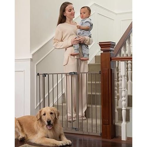 InnoTruth 28.9-42.1" Baby Gate with Door for Dogs, 30" Tall Pressure Mounted Dog Gates for The House Expandable One-Hand Open, Easy Step Walk Through Dual Lock Durable Metal Safety Pet Gates, Brown
