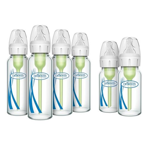Dr. Brown’s Anti-Colic Narrow Glass Baby Bottles 8 oz 4-Pack & 4 oz 2-Pack with Level 1 Slow Flow Nipples Bundle, BPA Free, 0m+, Clinically Proven to Reduce Colic and Aid Digestion