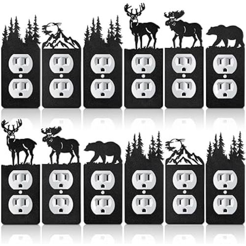 Kingdder 12 Pcs Metal Bear Light Switch Cover Moose Tree Mountain Elk Black Light Switch Plate Forest Outlet Toggle Wall Plate Cover for Home Bedroom Single Gang Socket