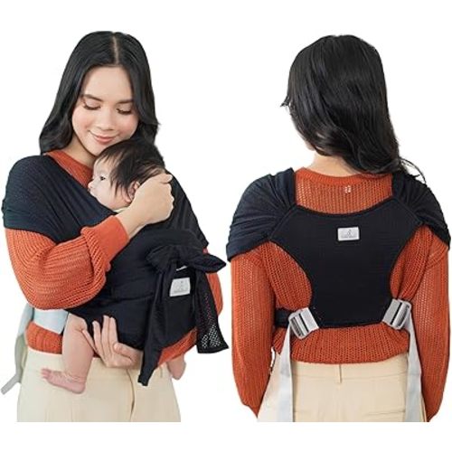 BabbleRoo Baby Wraps Carrier - Baby Essentials Baby Sling Carrier, Secure & Comfortable, Breathable, Easy-to-use, Adjustable XS to XL, Promoting Parent-Child Bonding, Black