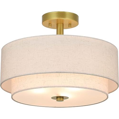 XiNBEi Lighting 3 Light Semi Flush Mount Light, Close to Ceiling Light Fixture with Fabric Shade Retro Gold Brass 16 inch Semi Flush Drum Light for Bedroom & Living Room XB-SF1289-GB