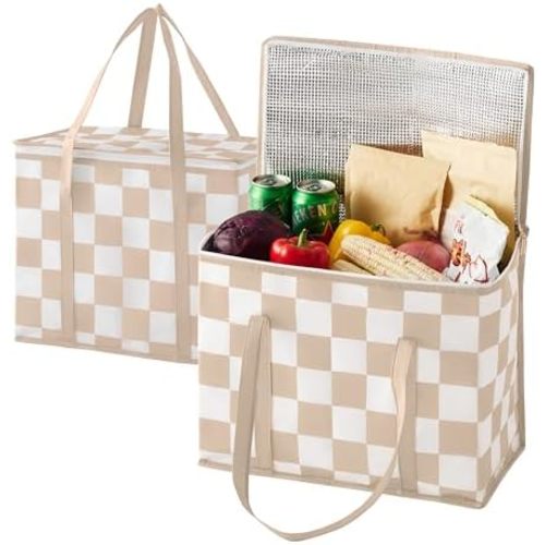 Checkered Insulated Grocery Bags 2 Pack, Checkerboard Cooler Shopping Bags for Groceries, Insulated Bags for Food Delivery