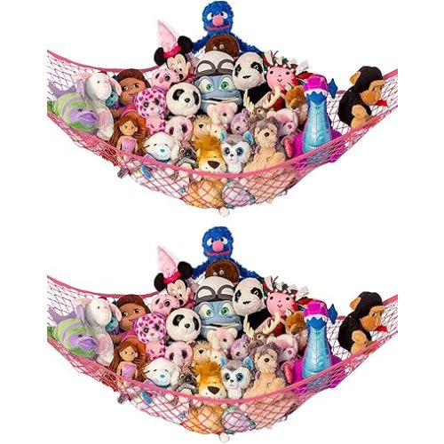 Lilly's Love Stuffed Animal Hammock | Corner Hanging Organizer, Stuffed Animal Storage | Easy to Hang Plushie Net w/Included Anchors & Hooks | Cute Room & Bedroom Decor (Coral, 2 Pack)