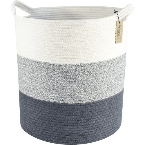 COMFY-HOMI XXL Large Laundry Basket with Handles Blanket Baskets Living Room|Woven Cotton Rope Decorative Basket Laundry Hamper Baby Gift Nursery Dog Toy Storage Organizer Bin-16”x18”-3Tone Grey