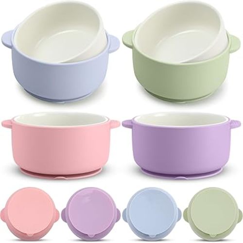 Domensi 4 Sets Kids Porcelain Bowls with Silicone Suction Sleeves Toddler Suction Bowls Baby Bowl Microwave Dishwasher Safe Cereal Soup Snack Dishes for Children Food Feeding Supplies (Macaron Colors)