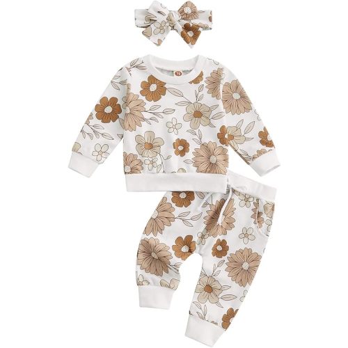3Pcs Baby Girl Outfits Daisy Sweatshirt + Pants + Headband Infant Fall Winter Clothes