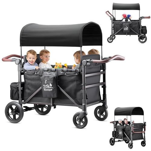 Wagon Stroller for 4 Kids – Includes Adjustable Canopy, Convertible Seats, Snack Tray, Parent Organizer, 5-Point Harness, Push/Pull Adjustable Handle
