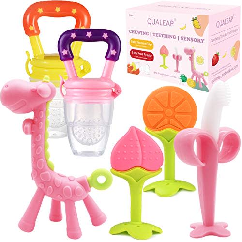 Medical-Grade Teething Toys for Babies 0-6 6-12 12-18 Months - with 4 × Adorable Baby Teethers & 2 × Baby Fruit Feeders - Soft Textures for Infant and Toddlers (Pink)