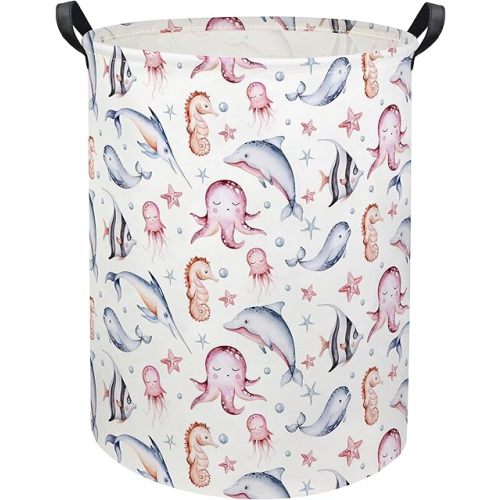 HIYAGON Baby Laundry Basket Baby Hamper for Nursery Girl Kids Ocean Hamper Cute Kids Toys Storage Bin Organizer Pink Room Decor for Home(Pink Ocean)