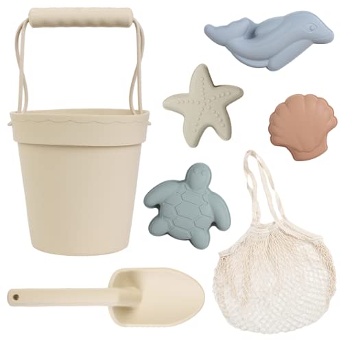 BLUE GINKGO Silicone Beach Toys - Modern Baby Beach Toys | Travel Friendly Beach Set | Silicone Bucket, Shovel, 4 Sand Molds, Beach Bag | Silicone Sand Toys for Toddlers, Kids - 7pc (Beige)