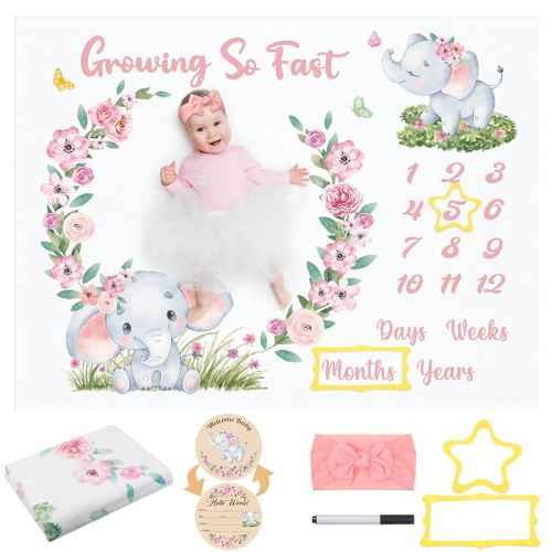 Auidy_6TXD Baby Milestone Blanket Monthly Milestone Blankets for Baby Girls Newborn Baby Blankets Photography Background Fleece Blankets with Wooden Signs, Frames, Bow Headband 50x39 inches