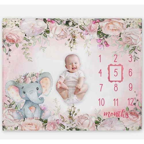 Yuzioey Baby Girl Monthly Milestone Blanket, Floral Elephant Month Blanket for Newborn Baby Shower, Pink Elephant Girl Flower Blanket Growth Chart Monthly Blanket, Includes Marker (50x40)
