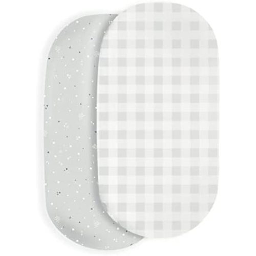Makemake Organics Organic Cotton Bassinet Sheet (Set of 2) GOTS Certified Organic Bassinet Mattress Cover Fits Hourglass Rectangle Oval - Ultra Soft Breathable (15"x33", Milkyway + Gingham)