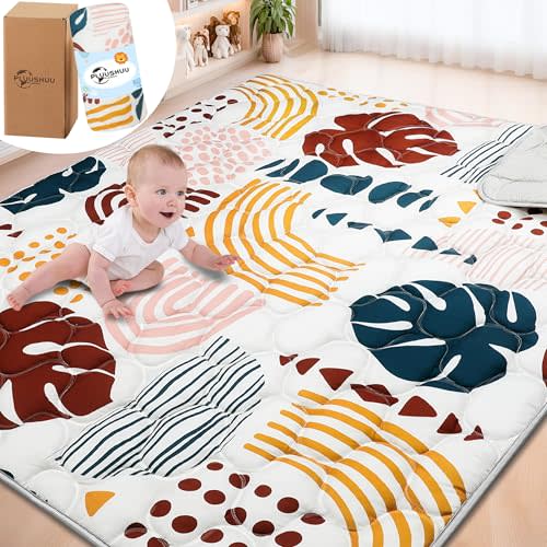 PLUUSHUU Baby Play Mats for Floor, 71x59 Playpen Mat for Babies, Extra Thicker & Soft Floor Crawling Mat, Foldable Non-Slip Playmat Cushioned for Infants Toddlers, Boho Leaf Design