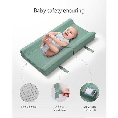 Blissful Diary Baby Changing Pad with Waterproof Lining Foam, Includes a Soft & Washable Cover, Contoured Changing Table Pads for Dresser Top with Non-Slip Bottom, 32”×16” (Green, Rectangular)