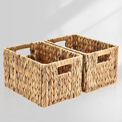 ELONG HOME Water Hyacinth Rectangular Wicker Baskets, 12" Wicker Basket 2 Pack, Woven Storage Baskets with Handles