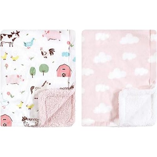 Hudson Baby Unisex Baby Plush Mink and Sherpa Blanket, Girl Farm Animals, One Size