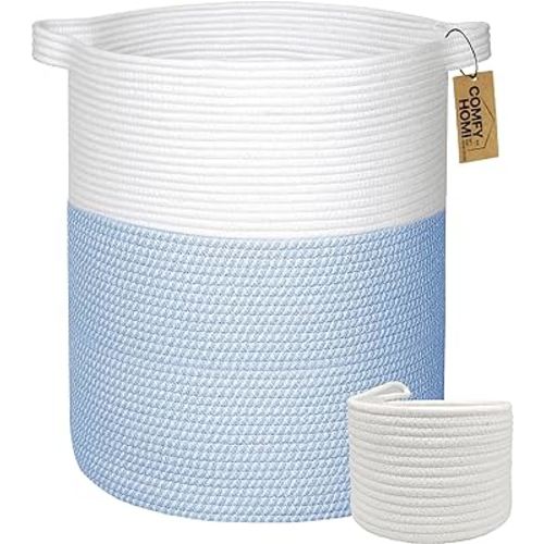 COMFY-HOMI 2Pc XXL Blanket Basket 18”x16”|Cotton Rope Laundry Basket|Woven Basket for Storage|Gift Basket Empty for Newborn or Infant Gift for Boy Girl, Toy basket for blanket, cloth, towel-White/Blue