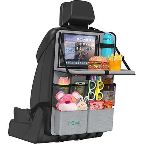 Car Backseat Organizer with Tablet Holder,11 Storage Pockets with Foldable Food Tray, Protector Kick Mats for Kids, Travel Accessories Organizer (Gray, 1Pack)