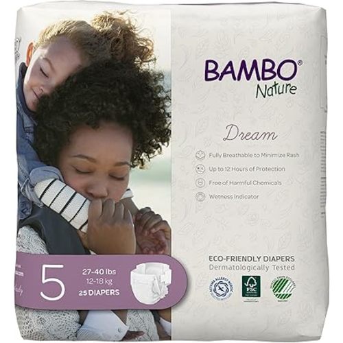 Bambo Nature Hypoallergenic Dream Baby Diapers, Premium Eco-Labeled Sustainable Diapers, Enhanced Leakage Protection, Totally Chlorine-free, Skin Friendly, and Super Absorbent - Size 5 (75 Count)