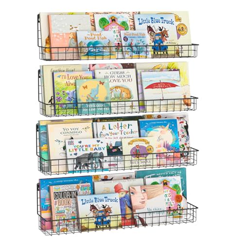 24 Inch Wall Mounted Kids Bookshelf, Floating Metal Book Shelves for Kids Nursery Toddler Classroom, Hanging Book Shelf Organizer for Room Decor, Black, Set of 4