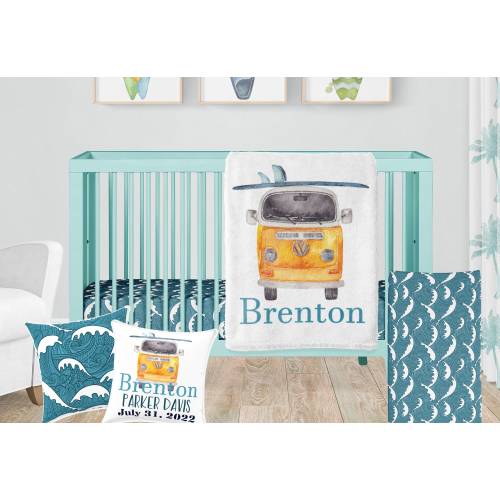 Waves Crib Bedding Set, Personalized VW Bus Baby Blanket, Blue Crashing Waves Crib Sheet, Change Pad Cover and Ocean Nursery Decor
