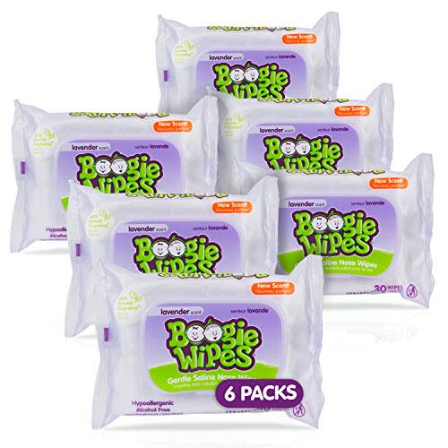 Saline Nose Wipes by Boogie, for Baby & Kids, Face, Hand & Body, FSA/HSA Eligible, Made with Vitamin E, Aloe, and Natural Saline, Lavender Scent, 30 Count (Pack of 6)