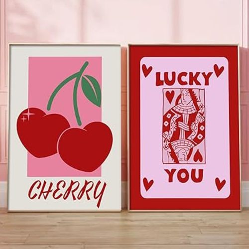 Pink Aesthetic Canvas Wall Art Queen of Heart Painting Red and Pink Poster Playing Cards Prints Cherry Fruit Canvas Art Lucky You Art Print Preppy Room Decor Girls Room Decor 16x24inchx2pcs No Frame