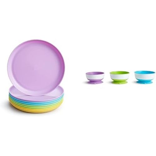 Munchkin® Multi™ Baby and Toddler Plates, 8 Pack & Stay Put™ Suction Bowls for Babies and Toddlers, 3 Pack, Blue/Green/Purple