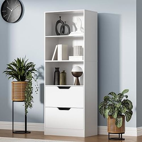 Bookcase with 2 Drawers, 63" 3-Tier Bookshelf with Storage, 3 Shelf Bookcase with Adjustable Shelf, Modern Bookshelf, Open Shelves Bookshelf for Study, Bedroom & Home Office, White