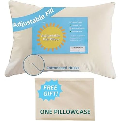 Organic Pillow with Pillowcase - 16x22 Kids Pillow with 100% Organic Cotton Shell, Adjustable Loft Organic Youth Pillow, Machine Washable, Soft, Perfect for Kids&Youth&Children
