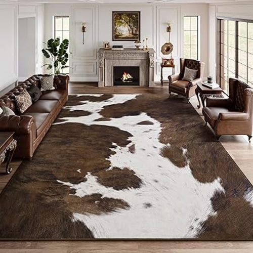 DweIke Cow Print Rug 5x7 – Brown Faux Cowhide Rugs, Washable Soft Non-Slip Stain Resistant Animal Cow Hide Carpet for Living Room Bedroom Dining Room Office, Western Home Decor