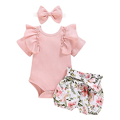 Dimoybabe Newborn Baby Girl Clothes Summer Infant Outfit Cute Ruffle Romper Short Set Solid Pink 0-3 Months 70cm