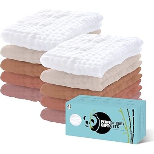 HIPHOP PANDA 10 Pack 6-Layers Muslin Burp Cloths Large - Durable 100% Cotton - Extra Absorbent and Soft Boys & Girls Rags for Newborn Registry (White+Bean Paste Series, 20" X10")