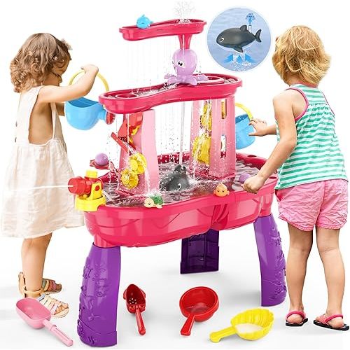 Water Table for Toddlers 3-5 with Water Pumb, 3-Tier Kids Sand Water Table, Rain Showers Splash Pond for Outdoor Beach Backyard Summer, Activity Sensory Play Table for Girls, Pink