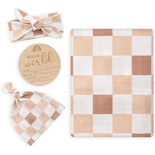 Muslin Swaddle Blanket with Hat and Headband Bow, Checkered Pattern Swaddle Set for Baby Boys & Girls, Unisex Newborn Soft Receiving Swaddle Wrap, 47x47 inches